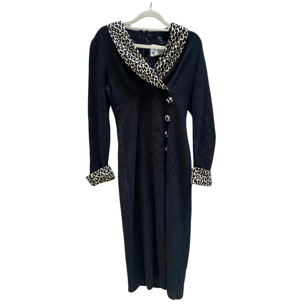 D.J. Summers Black Knit Dress Vintage 80s Leopard Velvet Accents Size M (6-10)